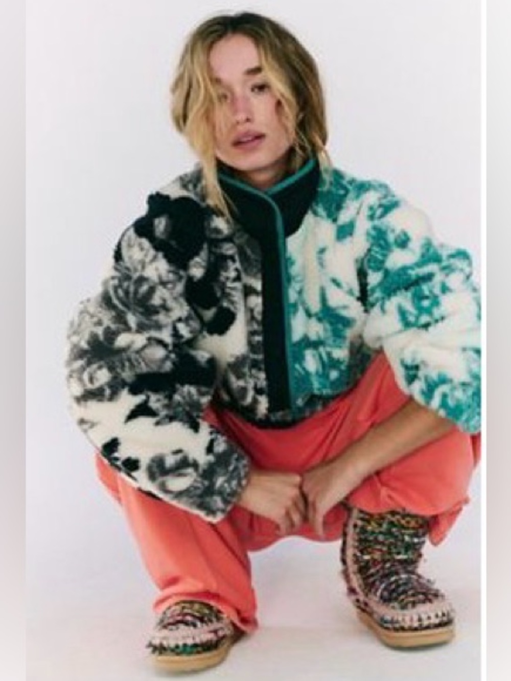 New Hit The Slopes Printed Fleece Jacket Large Minty Fresh Combo Floral